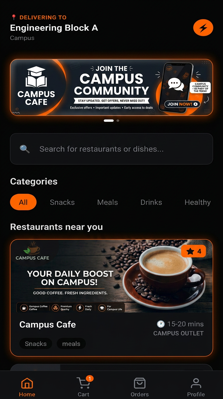 Zappit app home screen with campus outlets and food categories